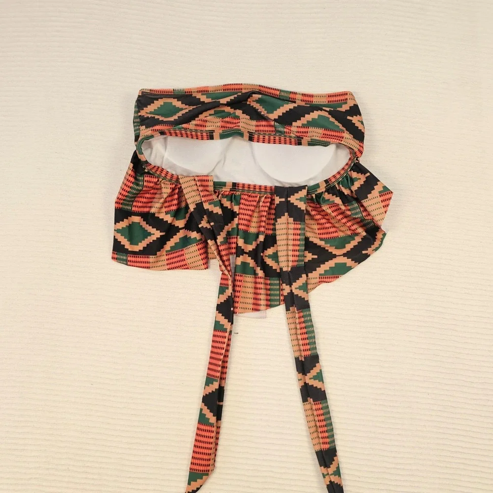 Zeronmeter Geometric‎ Tribal Print Ruffle Swim Skirt Cover Up Orange Green Small